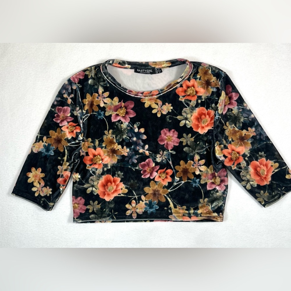 NASTY‎ GAL Women’s Velvet Floral Crop ShirtTop 2 Dark Fairy Whimsigoth Gothic